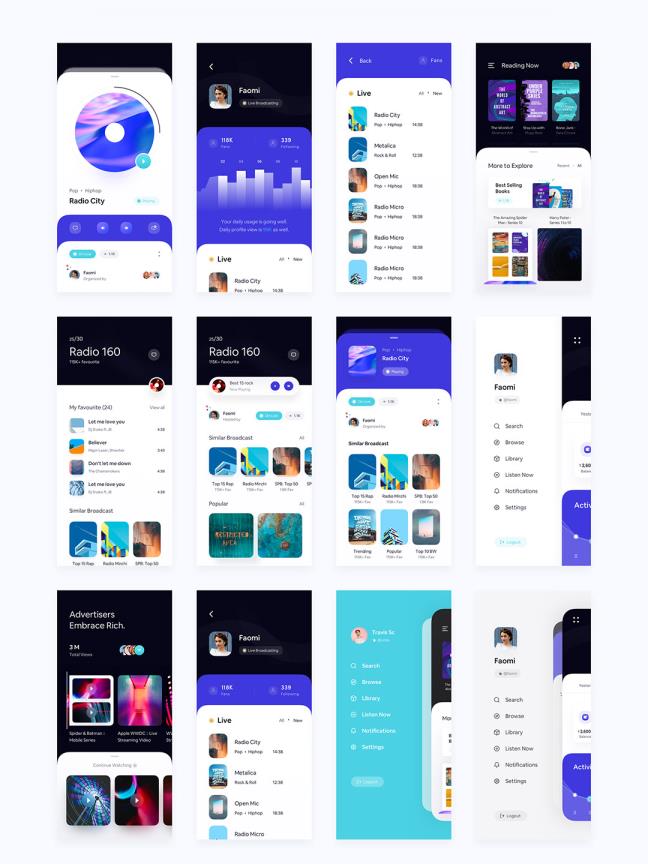 40页音频/视频播客APP0应用程序UI设计sketch，xd，figma格式