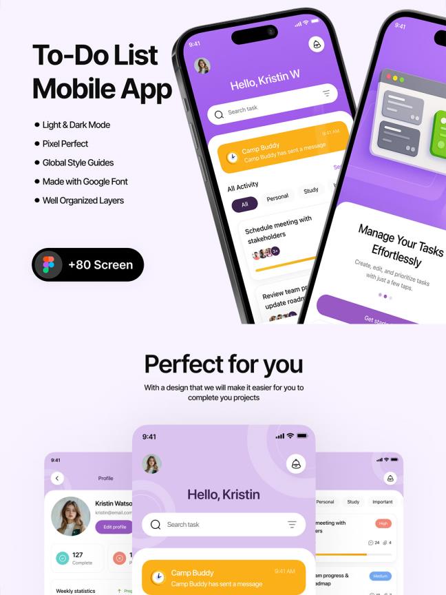 80页明暗色极简主义的待办事项列表APP UI设计