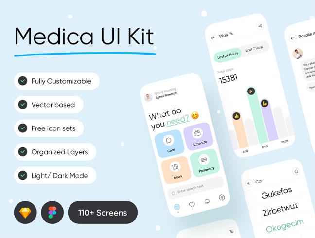 110页明暗高端医疗健康app设计UI素材Figma、Sketch格式