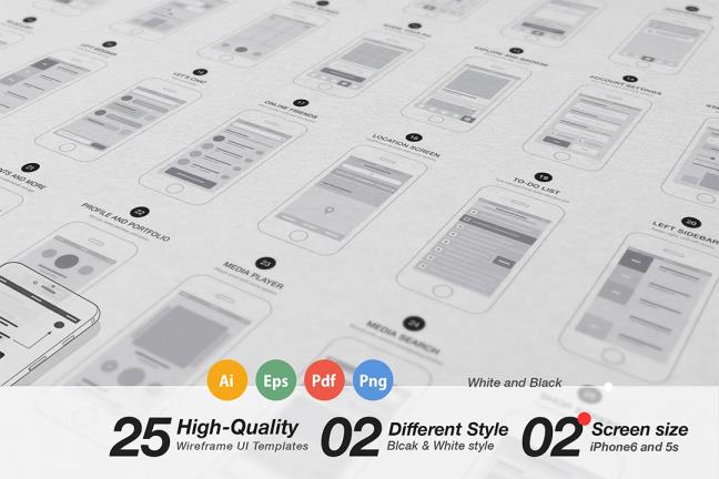 25页APP UI设计原型,线框图AI, PPT, PNG,EPS格式