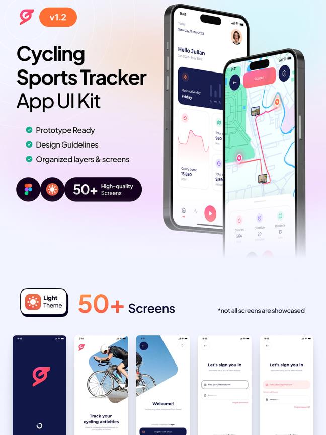 50页运动骑行追踪器APP用户界面UI设计figma格式