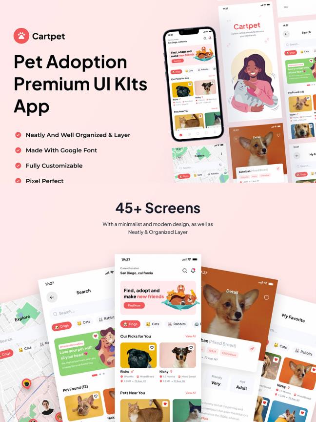 45页宠物收养高级UI套件APP设计figma源文件