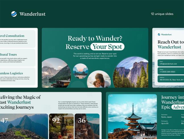 12张旅游主题商务演示模板Figma， Sketch, XD, PPT, Keynote格式