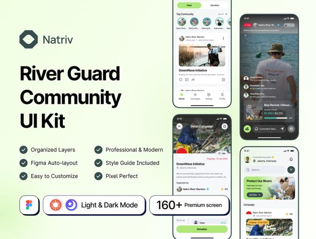 明暗共160页河流、环境保护、环保志愿者社区app设计figma格式