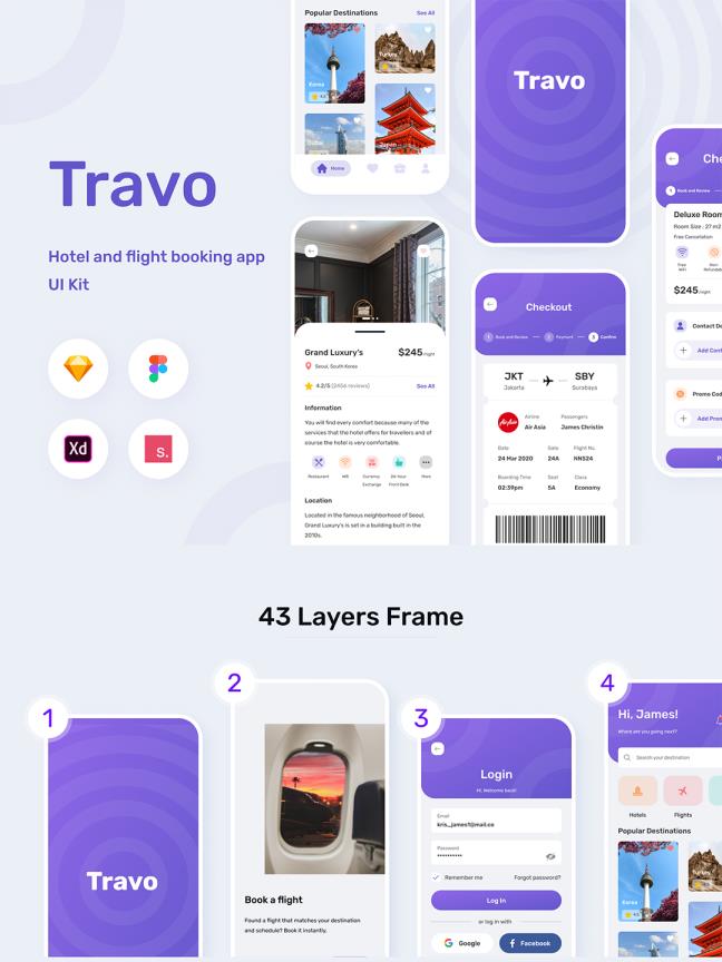 43页旅行，航班和酒店APP设计Figma、Sketch 、 XD、studio格式