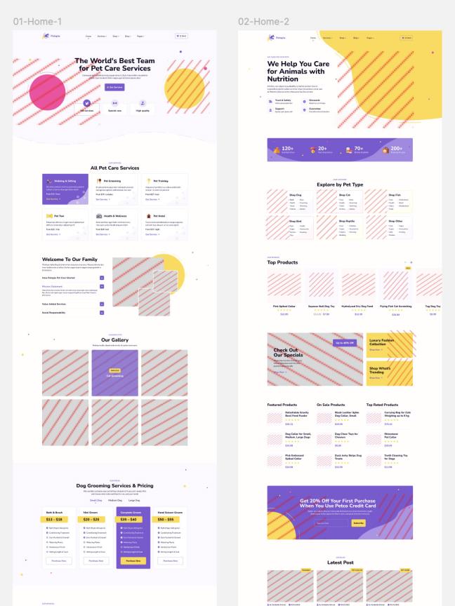 19页宠物护理服务网站设计原型模板sketch，xd，figma，psd格式