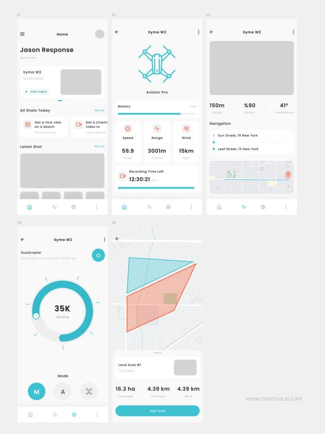 5页无人机控制器APP原型UI设计sketch，xd，figma格式