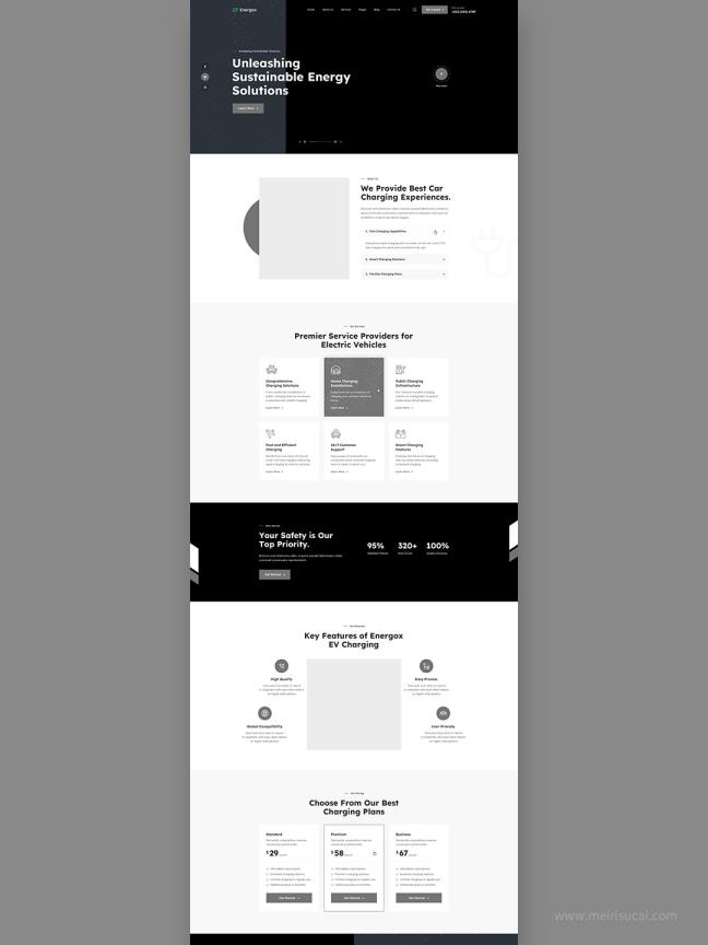 8页新能源电动汽车充电站网站低保真原型设计PSD模板