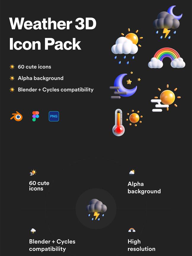 60个时尚可爱的天气图标3D图标包figma、png、Blender格式