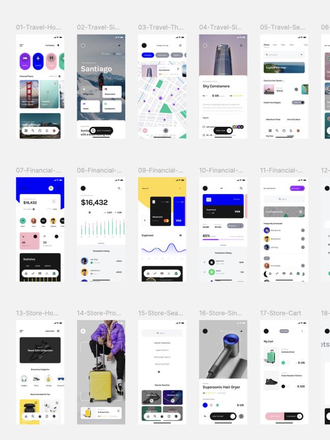 明暗共108页9个类别APP设计figma，sketch格式(旅游,金融,音乐等)