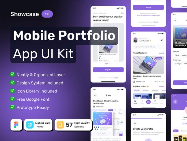 明暗各57页创意作品集展示app设计figma格式（带交互）