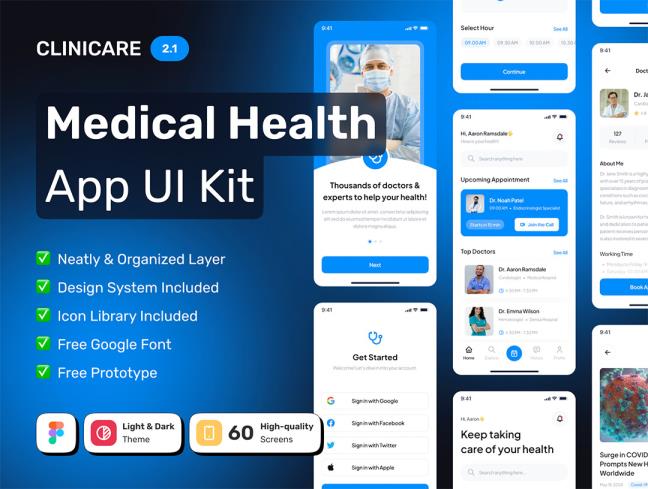 明暗各60页医疗健康APP设计figma源文件（带交互）
