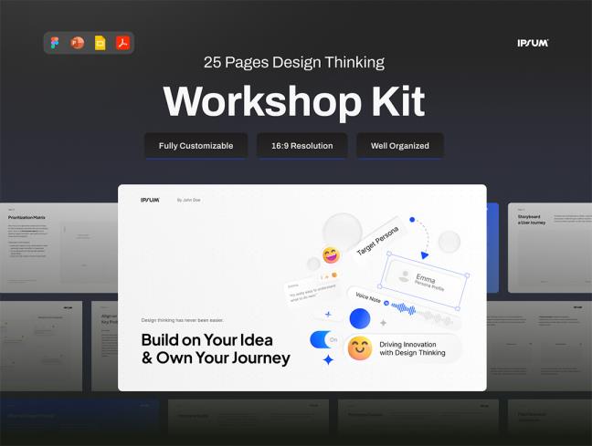 25页设计思维工作坊工具包推广路演Figma, Deck, PPTX, PDF格式