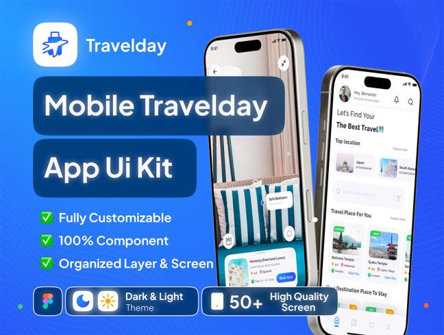 明暗各50页旅游app设计figma格式（带交互和用户流程图）