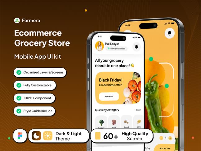 明暗各64页高端有机食品，美食外卖app设计figma格式（包含交互）