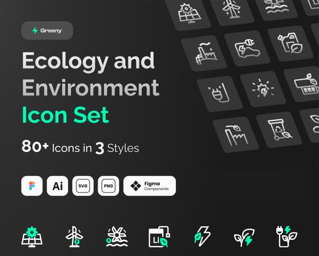 80个新能源，绿色环保icon图标Figma, AI, SVG 和 PNG 格式