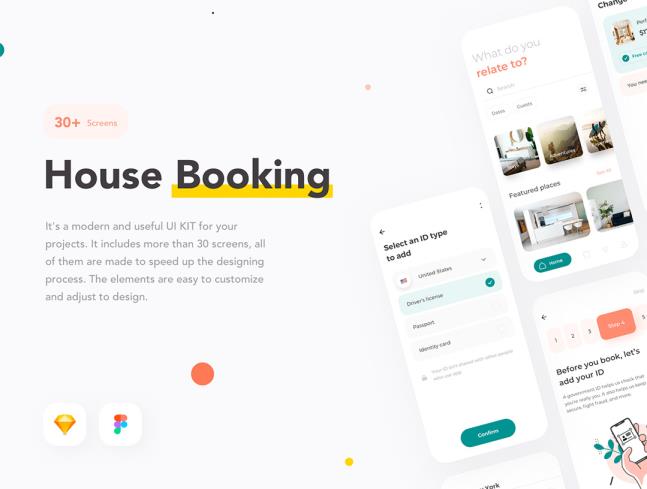 31页干净的旅游，酒店预订app设计figma、Sketch源文件分辨率375*812