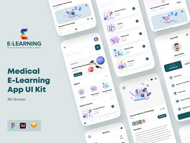 35页医疗电子学习APP应用程序UI套件sketch，xd，figma格式