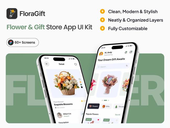 60页鲜花和礼品购物应用程序app设计figma源文件