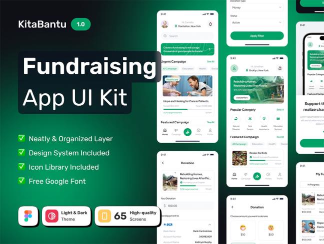 65页捐赠、慈善与筹款app设计figma格式（包含交互）