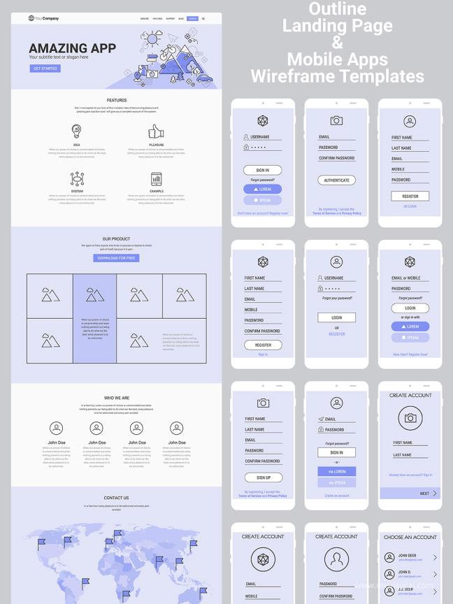免费网站设计+APP设计低保真，线框图eps,ai格式