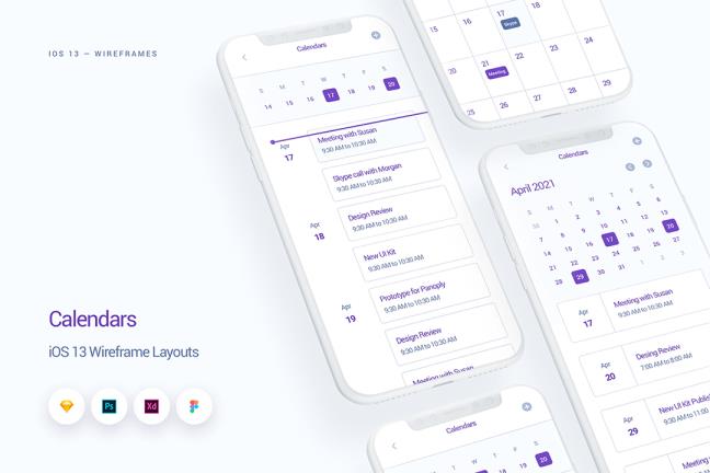 4页日历iOS 13 APP线框图套件sketch，xd，figma，psd格式