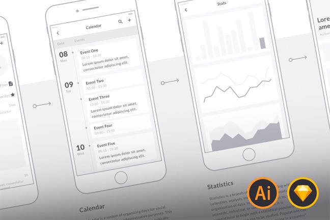90页app线框，低保真iPhone8原型图ai,sketch格式