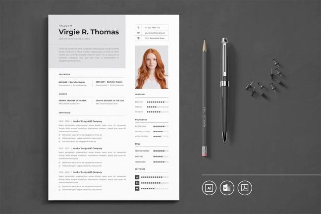 设计创意专业学生和应届毕业生加分简历DOCX.AI 和.PDF 格式