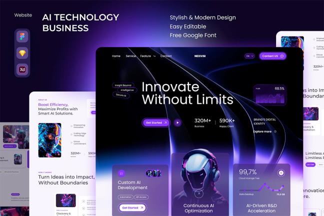 单页AI技术企业网站原型设计(需添加图片)sketch，xd，figma格式