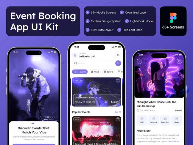 明暗共65页活动预订订票app界面设计figma源文件