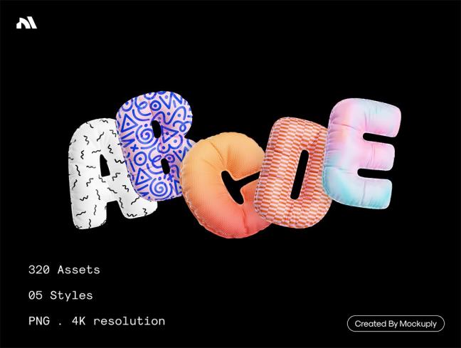 5种不同风格的320个数字和字母3D插图PNG格式