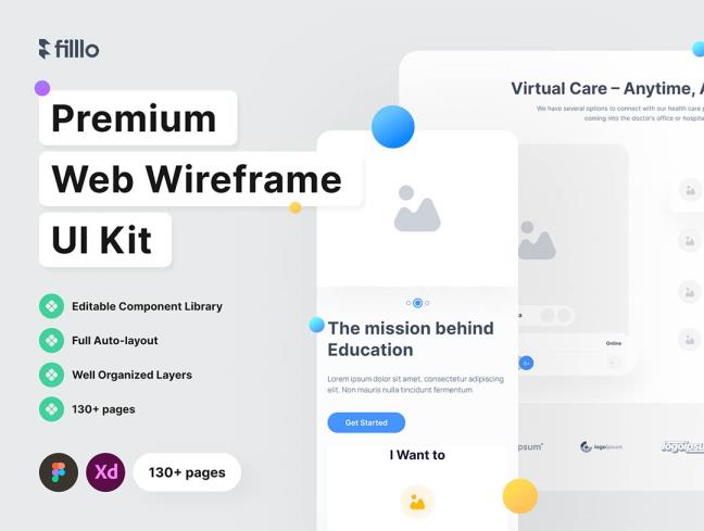 130个响应式网站线框图组件figma,xd源文件