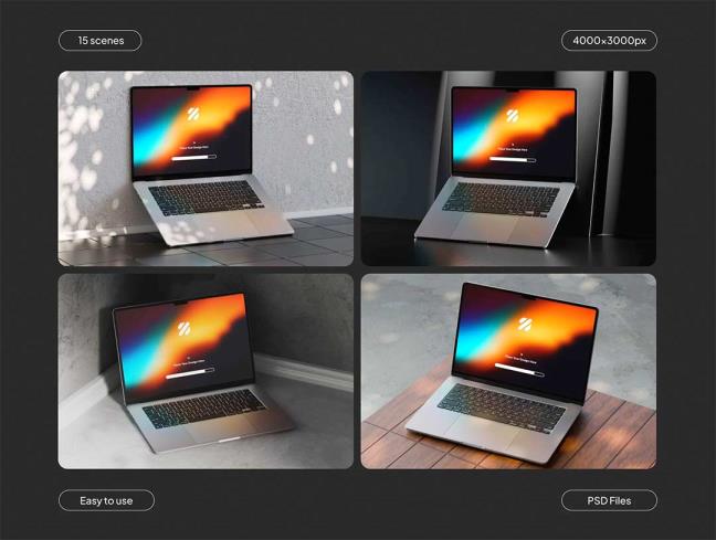 15个不同环境下的 MacBook 模型psd格式