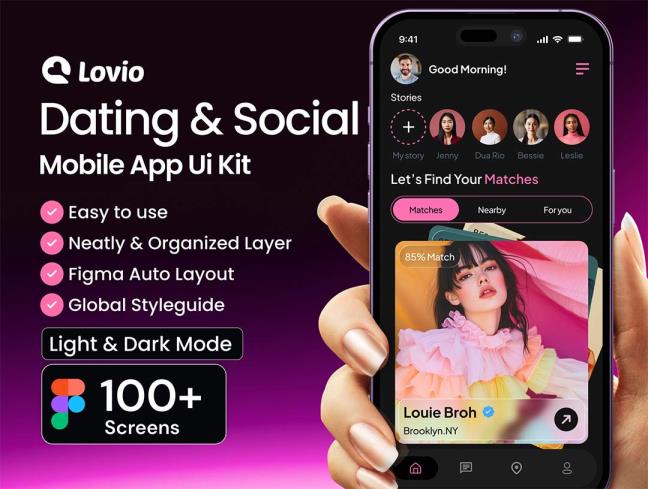 明暗共100页约会和社交app界面设计figma源文件