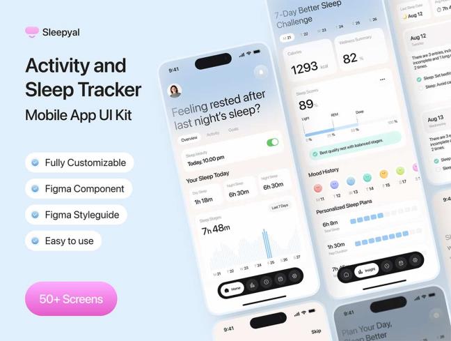 50页健康跟踪和睡眠监测app界面设计figma源文件
