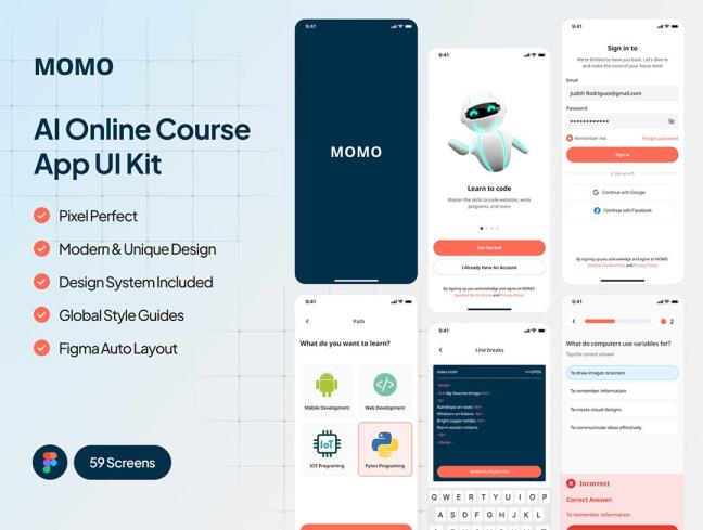 50页AI在线课程应用app界面设计figma源文件
