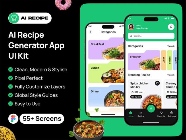 55页AI食谱生成器app界面设计figma源文件