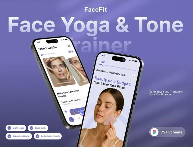75页脸部瑜伽与紧致训练APP设计 UI 套件figma源文件