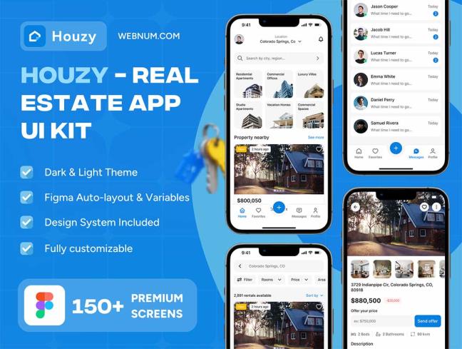 明暗共150页房地产购买/出售/出租app界面设计figma源文件