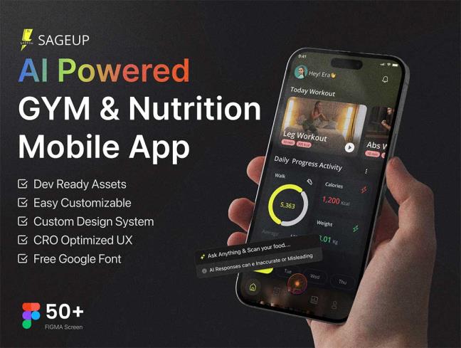 65页人工智能驱动的健身与营养app界面设计figma源文件