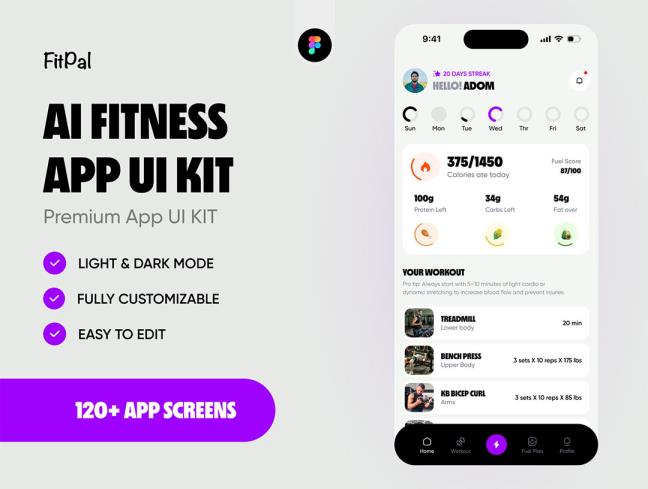 明暗共120页健身和膳食计划app界面设计figma源文件