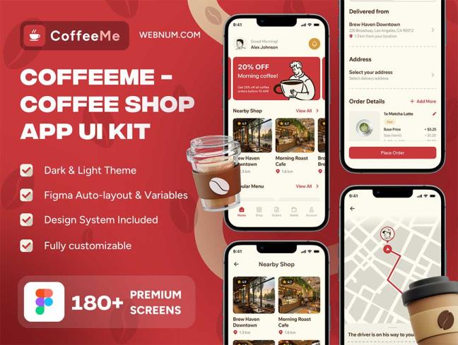 明暗180页咖啡店、咖啡馆和饮料外卖app界面设计figma源文件