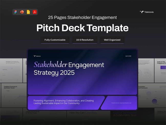 25页利益相关方沟通演示文稿Figma, Deck, PPTX, Slides, PDF格式