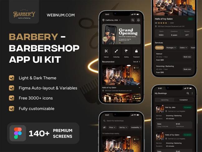 明暗共140页理发店、沙龙和美容服务app设计figma源文件
