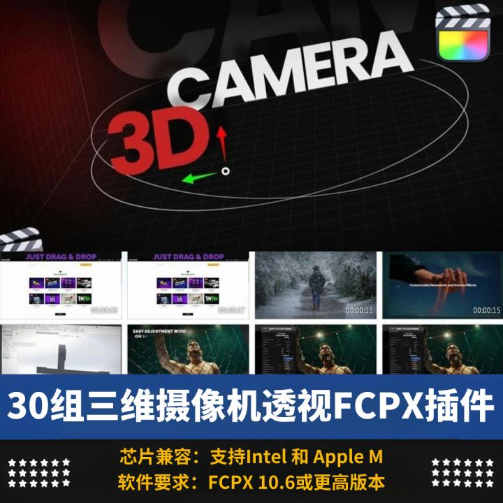 3D摄像机角度景深画面透视变换运动预设特效FCPX插件m1科技风英文