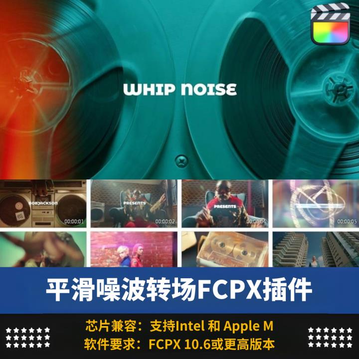 FCPX插件12个平滑噪波模糊移动缩放视频转场预设