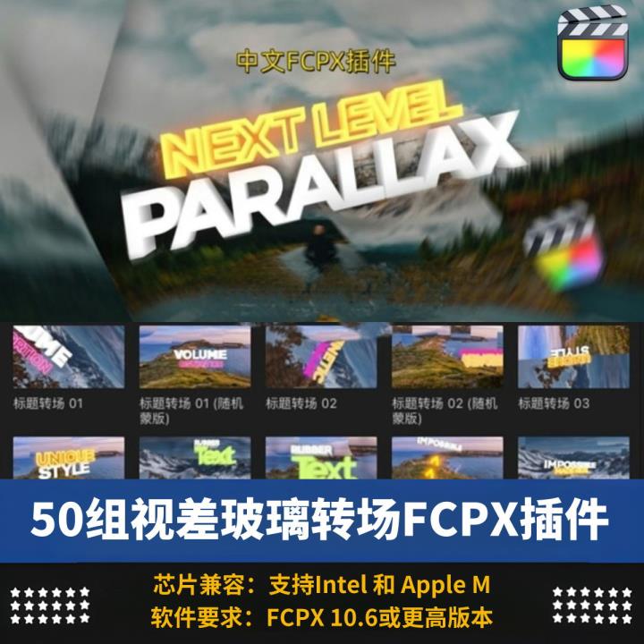 中文FCPX插件50组动感摄像机三维玻璃视差相机位移炫酷标题转场