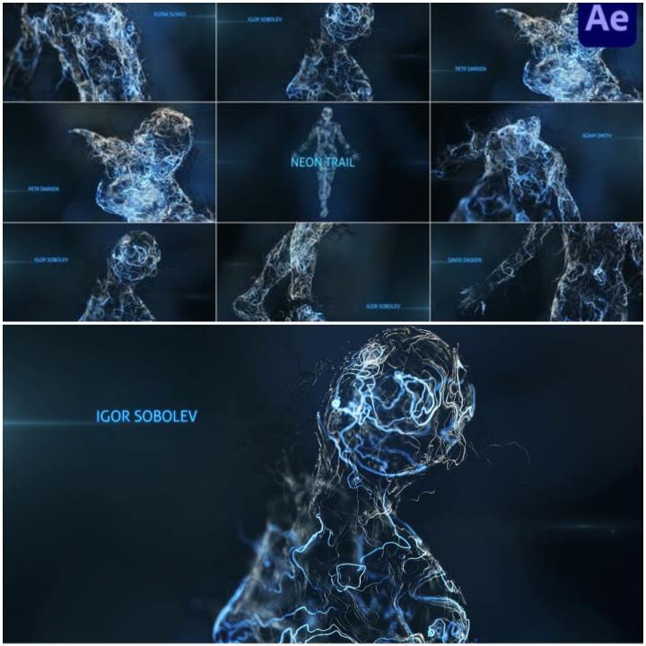 霓虹灯轨迹平滑旋转人体轮廓雕塑背景弹出式标题AE模板素材