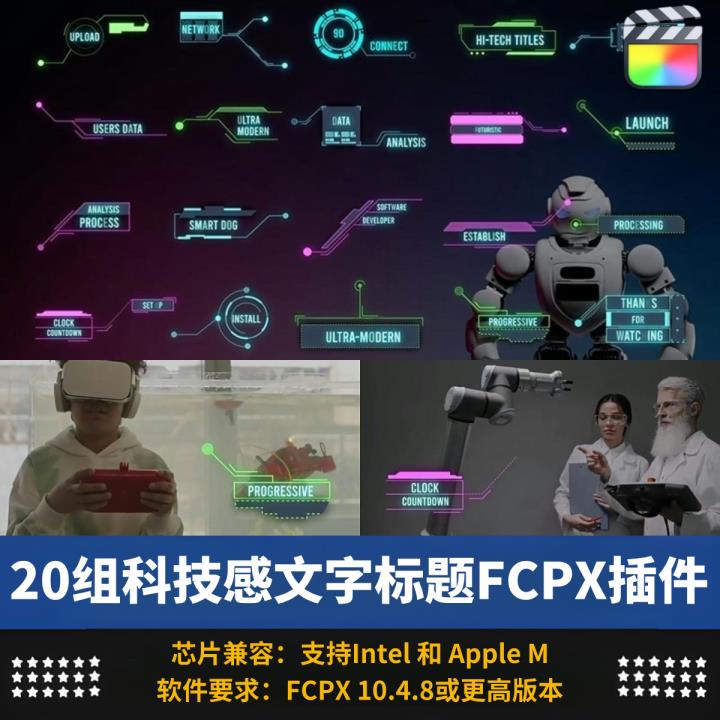 FCPX插件20组流行平滑缩放科技感信息化动态元素字幕标题动画预设