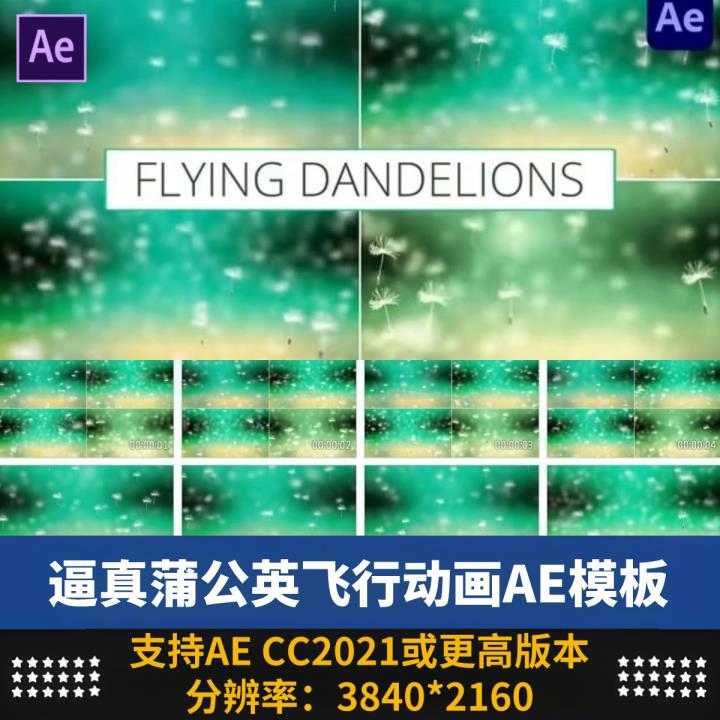 唯美梦幻逼真蒲公英飞行动画彩色背景屏幕保壁纸ae模板源文件素材